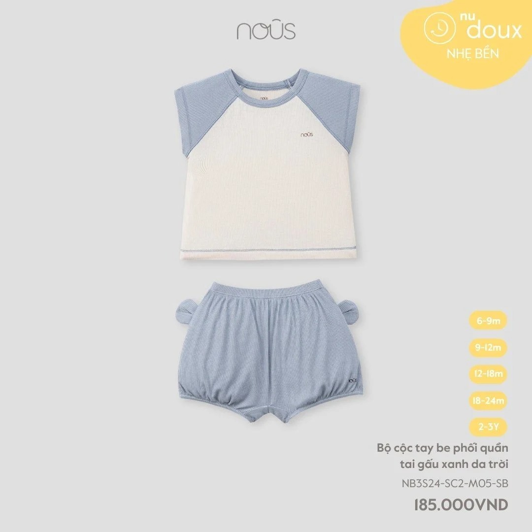 Nous - Bộ cộc tay be phối quần tai gấu xanh da trời 6M, 9M, 12M