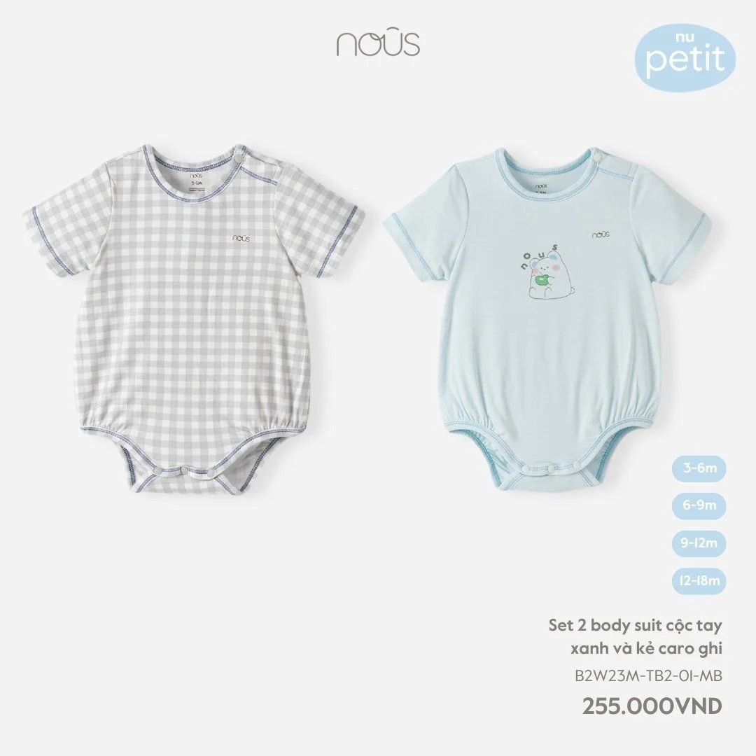 Nous - Set 2 bodysuit cộc tay xanh và kẻ caro ghi 3M