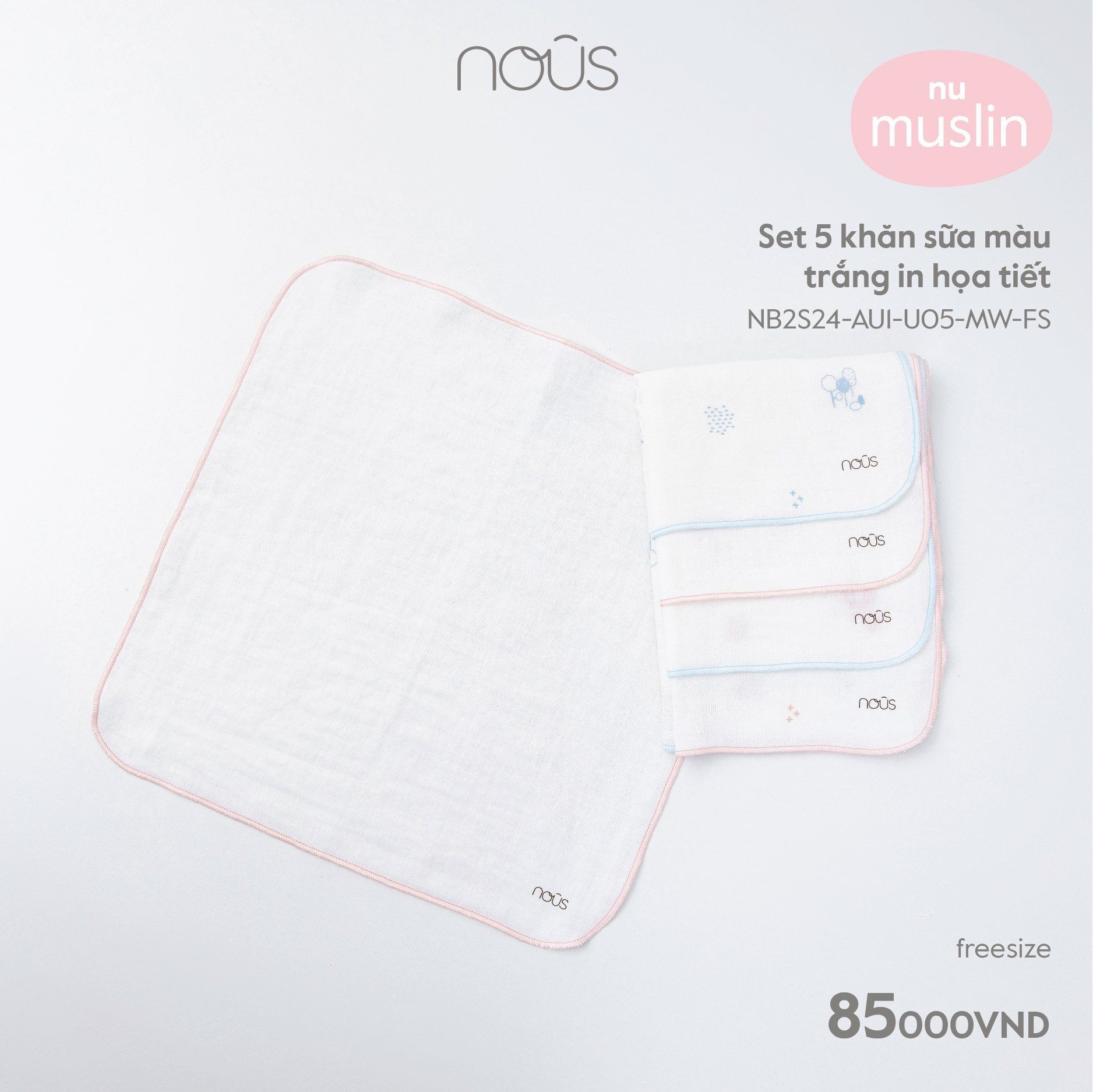 Nous - Set 5 khăn sữa màu trắng in họa tiết