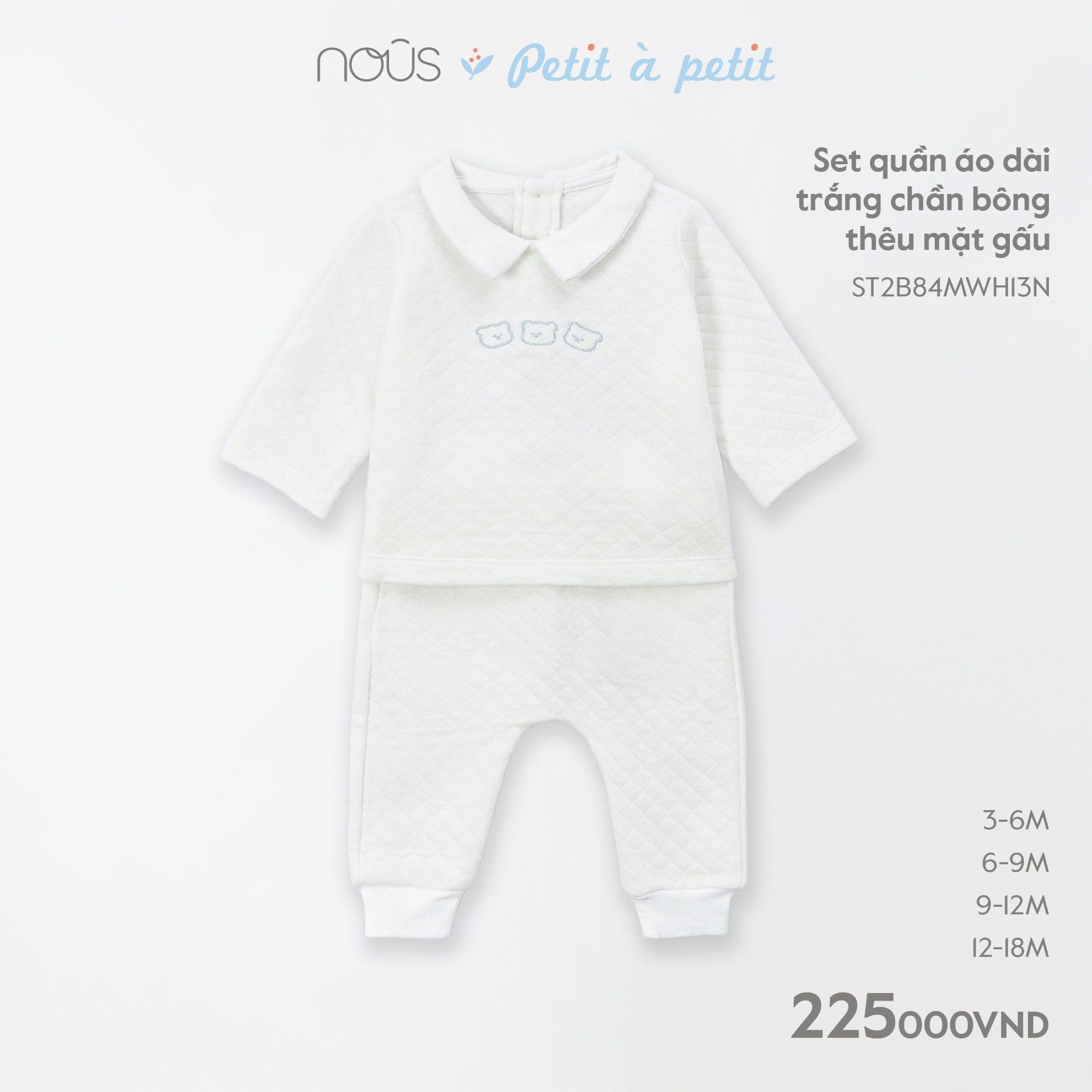 Set Nous quần áo dài trắng chần bông thêu mặt gấu 3M, 6M