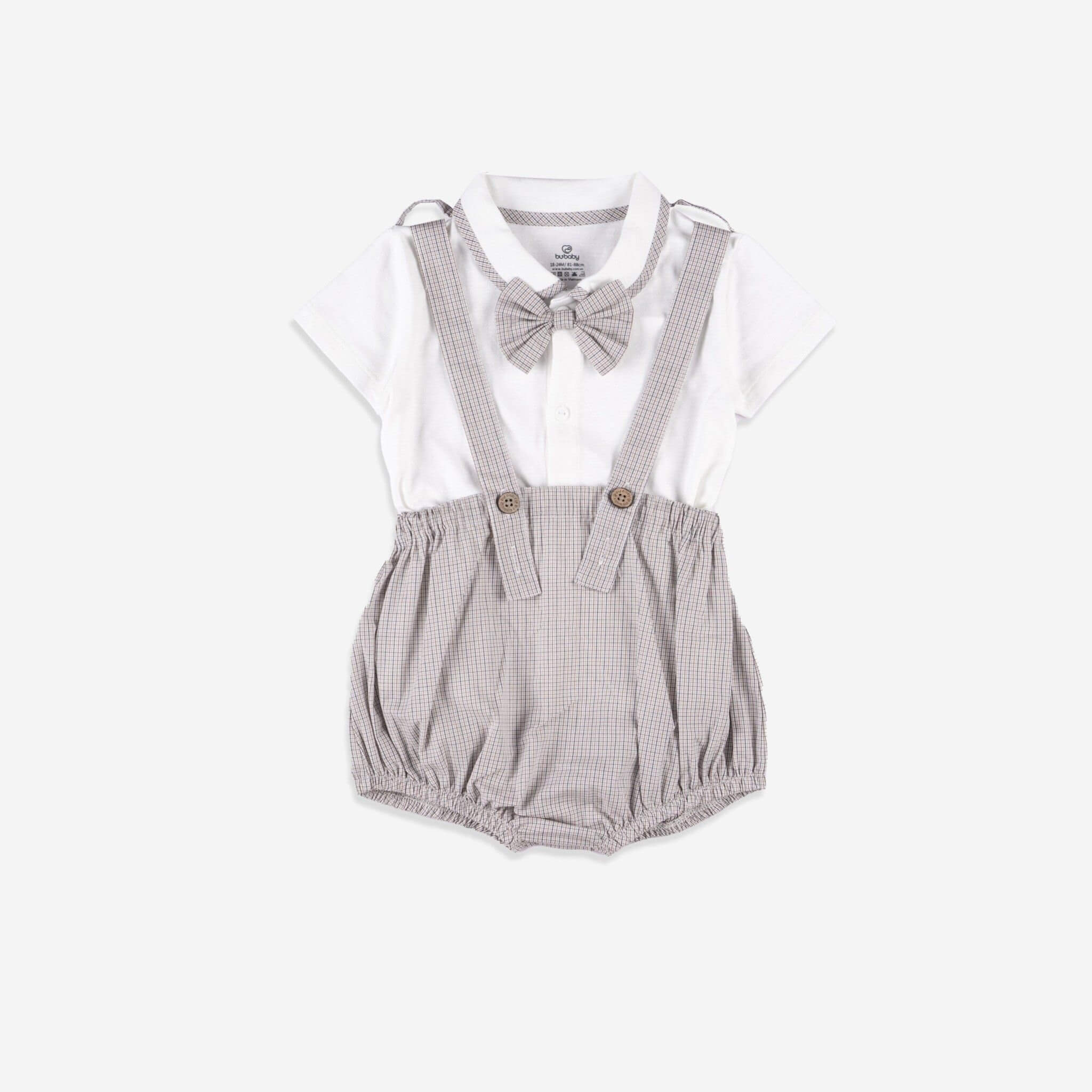 Bu Baby - BCT6332NC.18M42A | Set quần yếm kèm áo ngắn tay bé trai + nơ cổ Trắng - Kẻ be 12-18M, 18-24M — ảnh 2