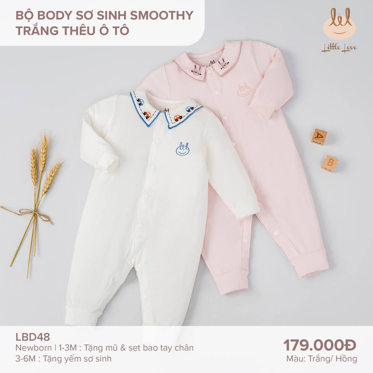 Little Love Bộ body sơ sinh smoothy trắng thêu ô tô 0 cho đến 6M