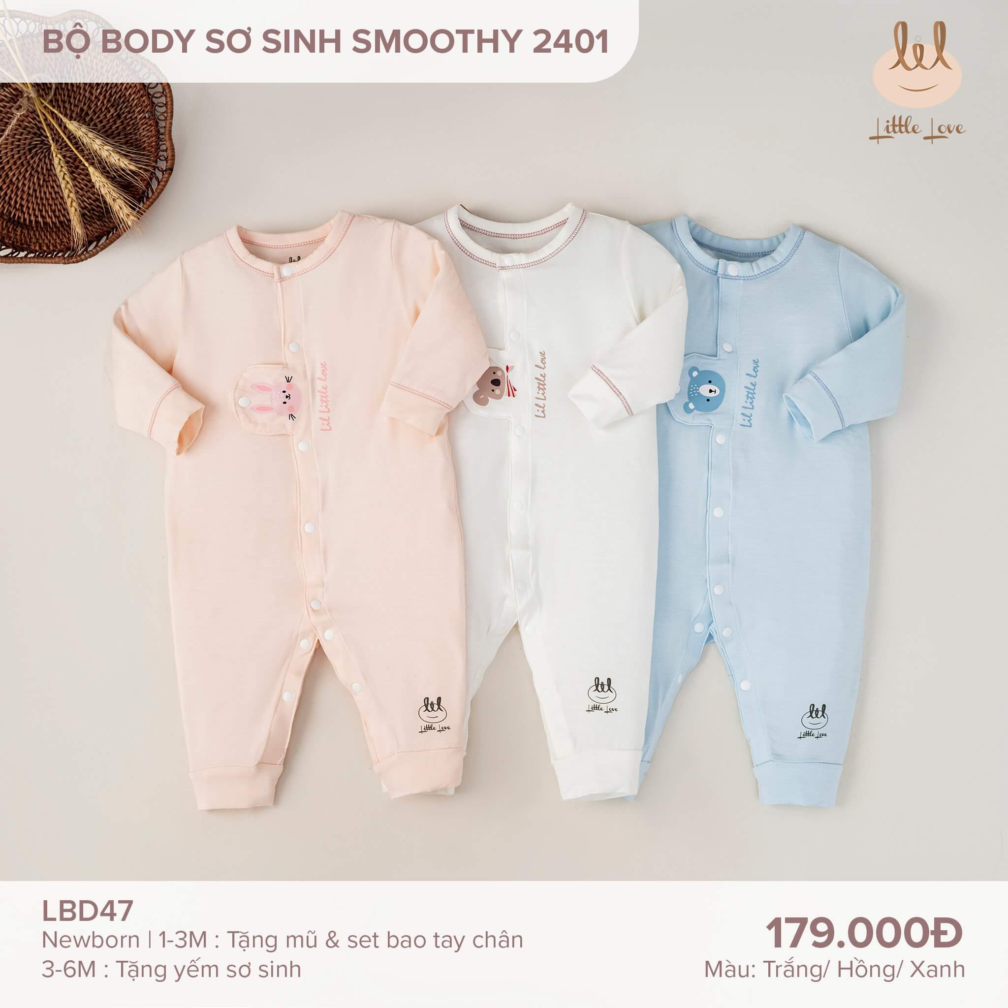 Little Love Bộ body sơ sinh smoothy 2401 trắng 0 cho đến 6M