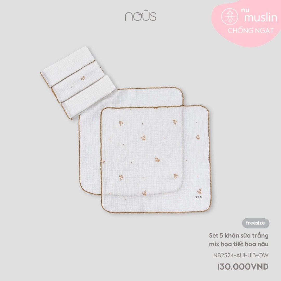 Nous - Set 5 khăn sữa trắng mix họa tiết hoa nâu