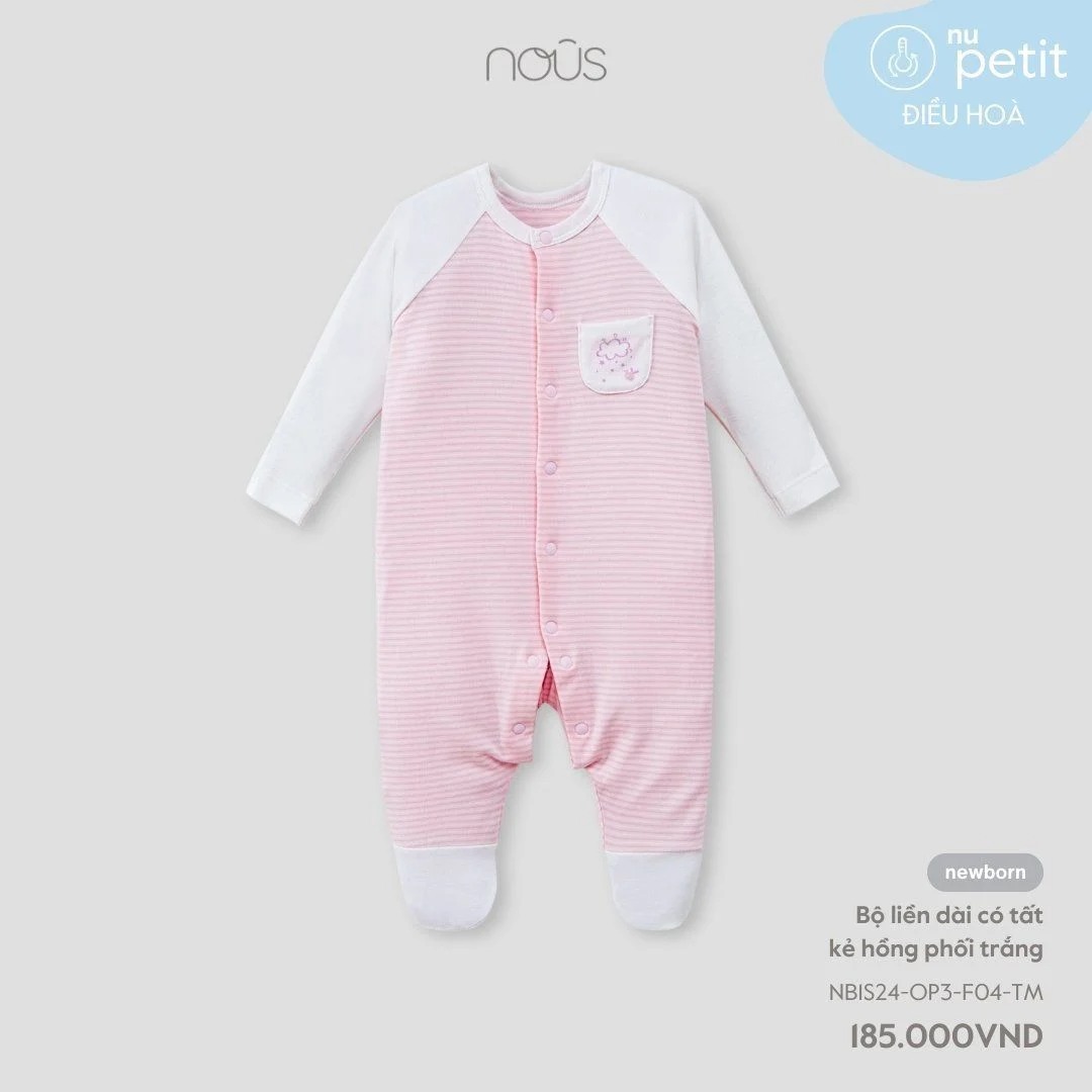 Nous - Bộ liền dài có tất kẻ hồng phối trắng NB