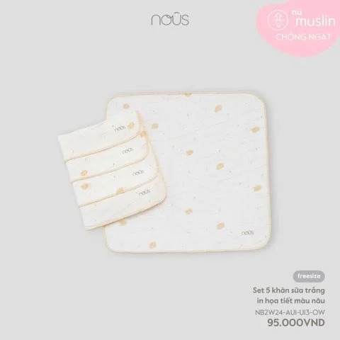 Nous - Set 5 khăn sữa trắng in họa tiết màu nâu