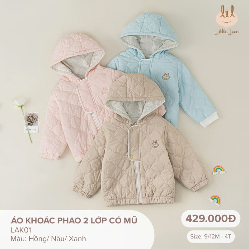 Little love Áo khoác phao 2 lớp có mũ hồng 9,12,18-24M,3Y