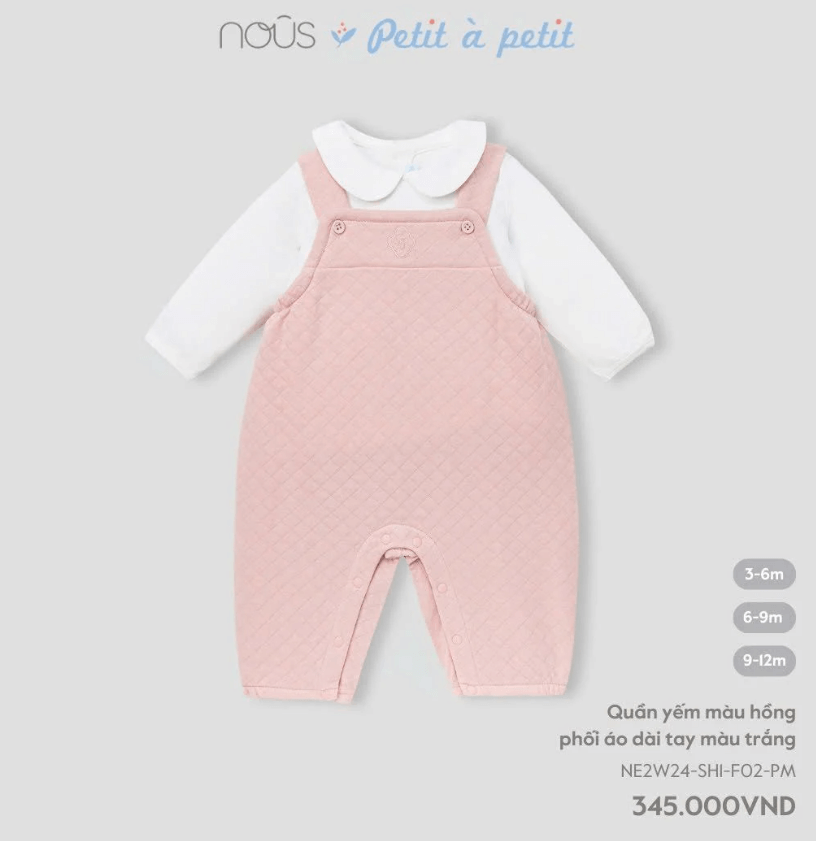 Nous - Quần yếm màu hồng phối áo dài tay màu trắng 3,6,9M