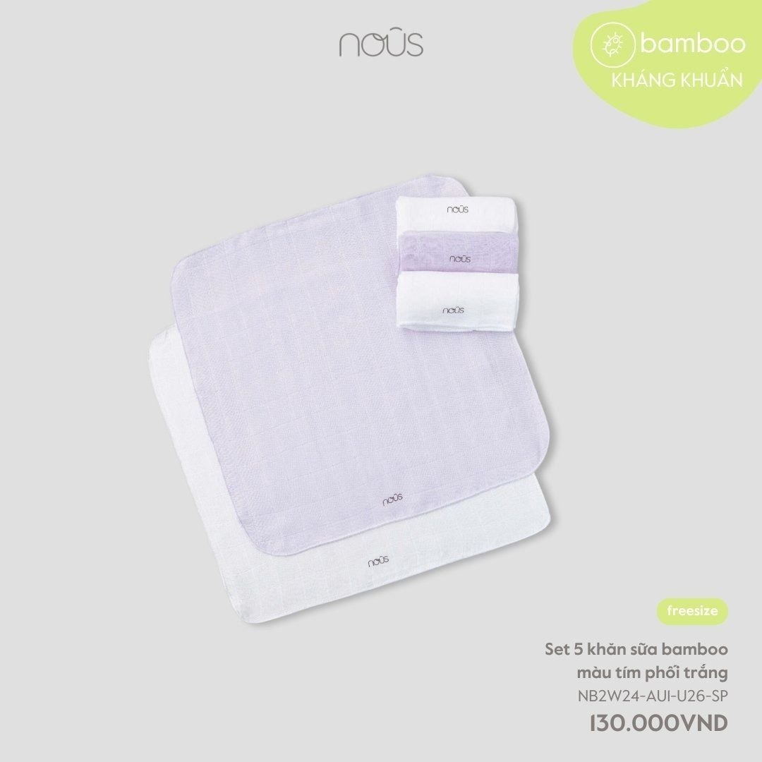 Nous - Set 5 khăn sữa bamboo màu tím phối trắng