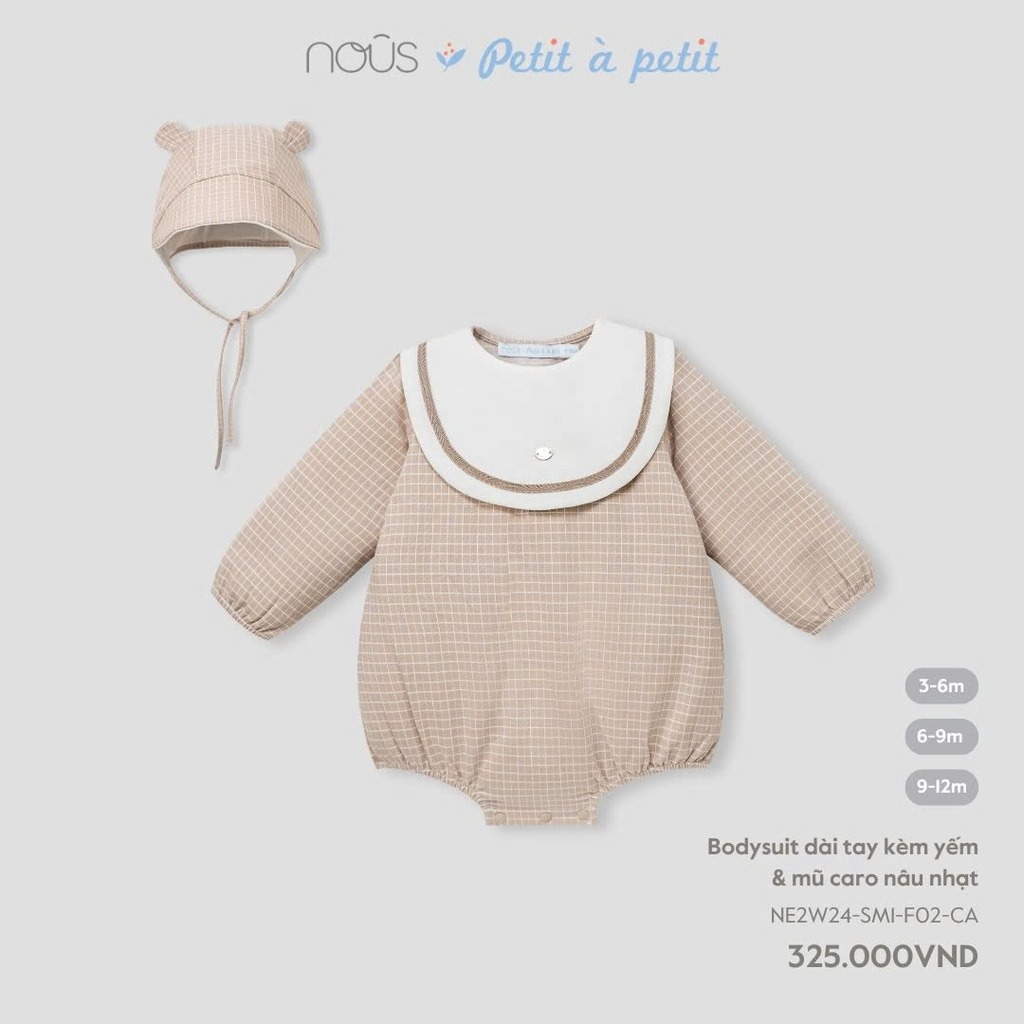 Nous - Bodysuit dài tay kèm yếm & mũ caro nâu nhạt 3,6,9M