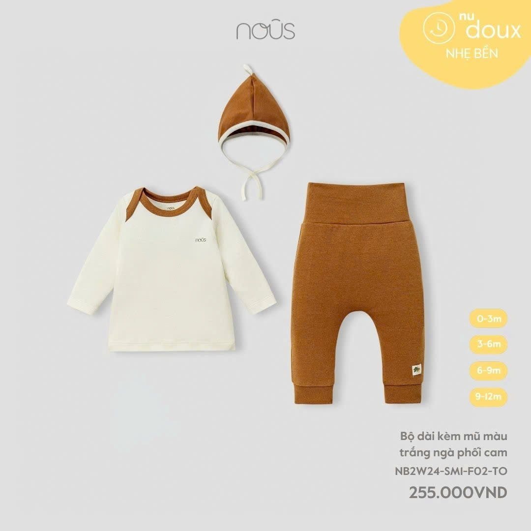 Nous - Bộ dài kèm mũ màu trắng ngà phối cam 0,3,6,9M