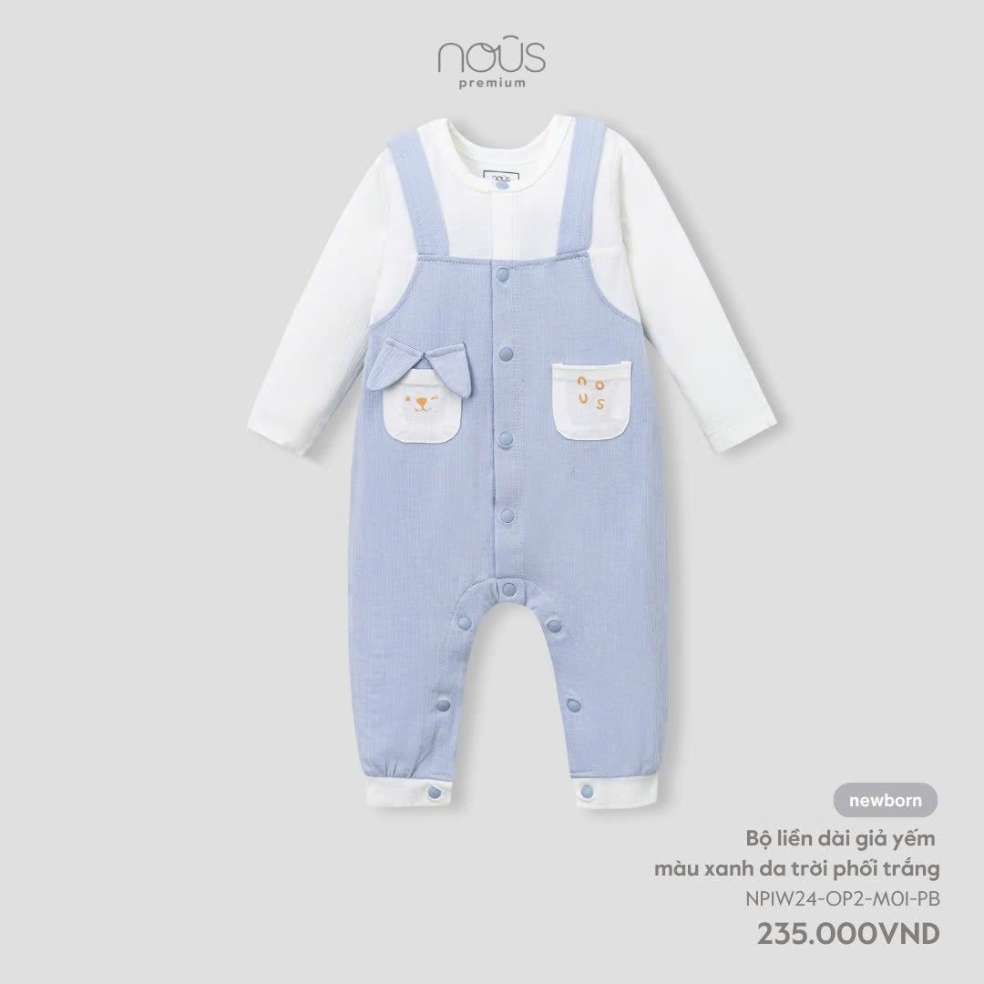 Nous - Bộ liền dài giả yếm màu xanh da trời phối trắng NB, 9M, 18M, 2Y