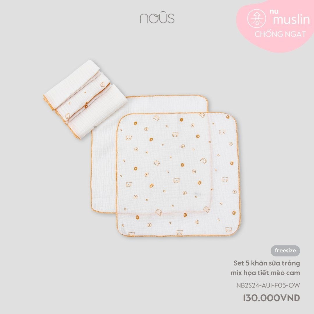Nous - Set 5 khăn sữa trắng mix họa tiết mèo cam