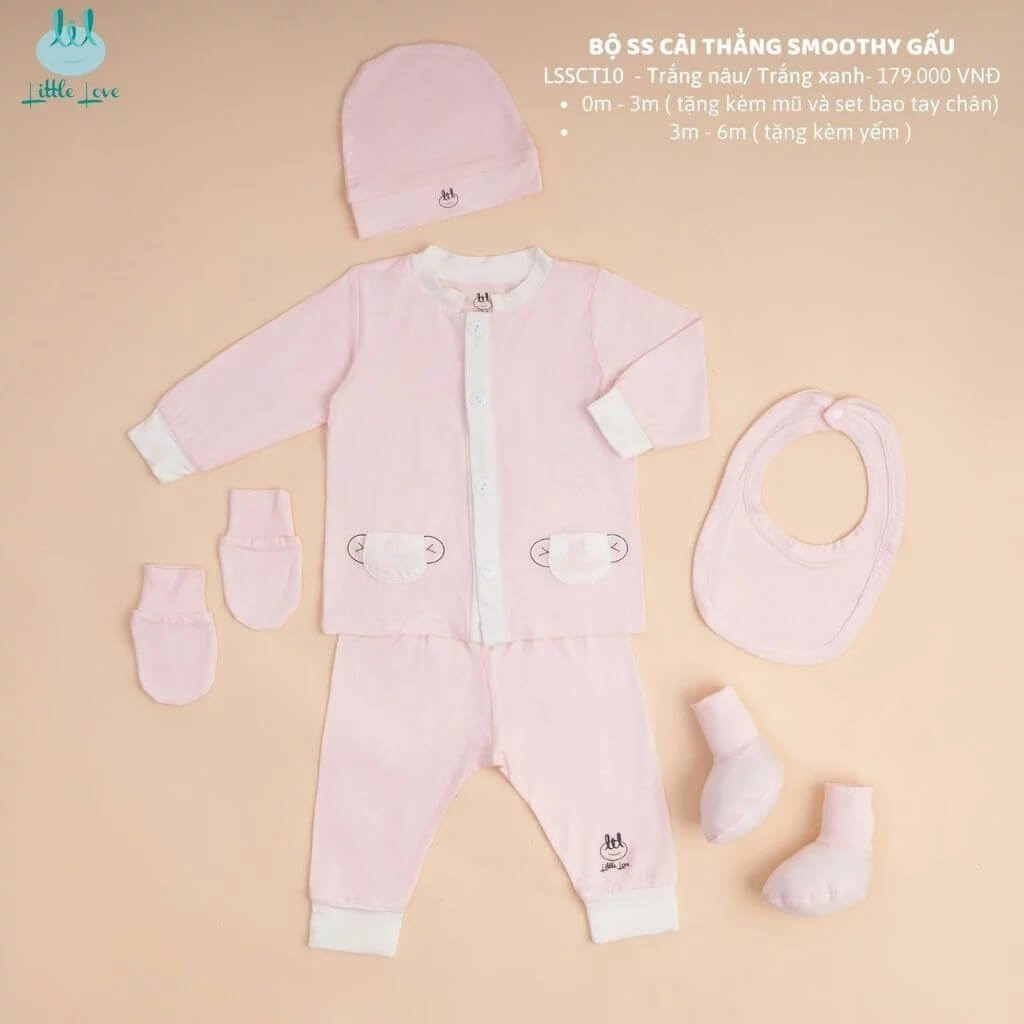 Little Love-2023 BỘ SS CÀI THẲNG SMOOTHY GẤU TRẮNG HỒNG (0-6M)