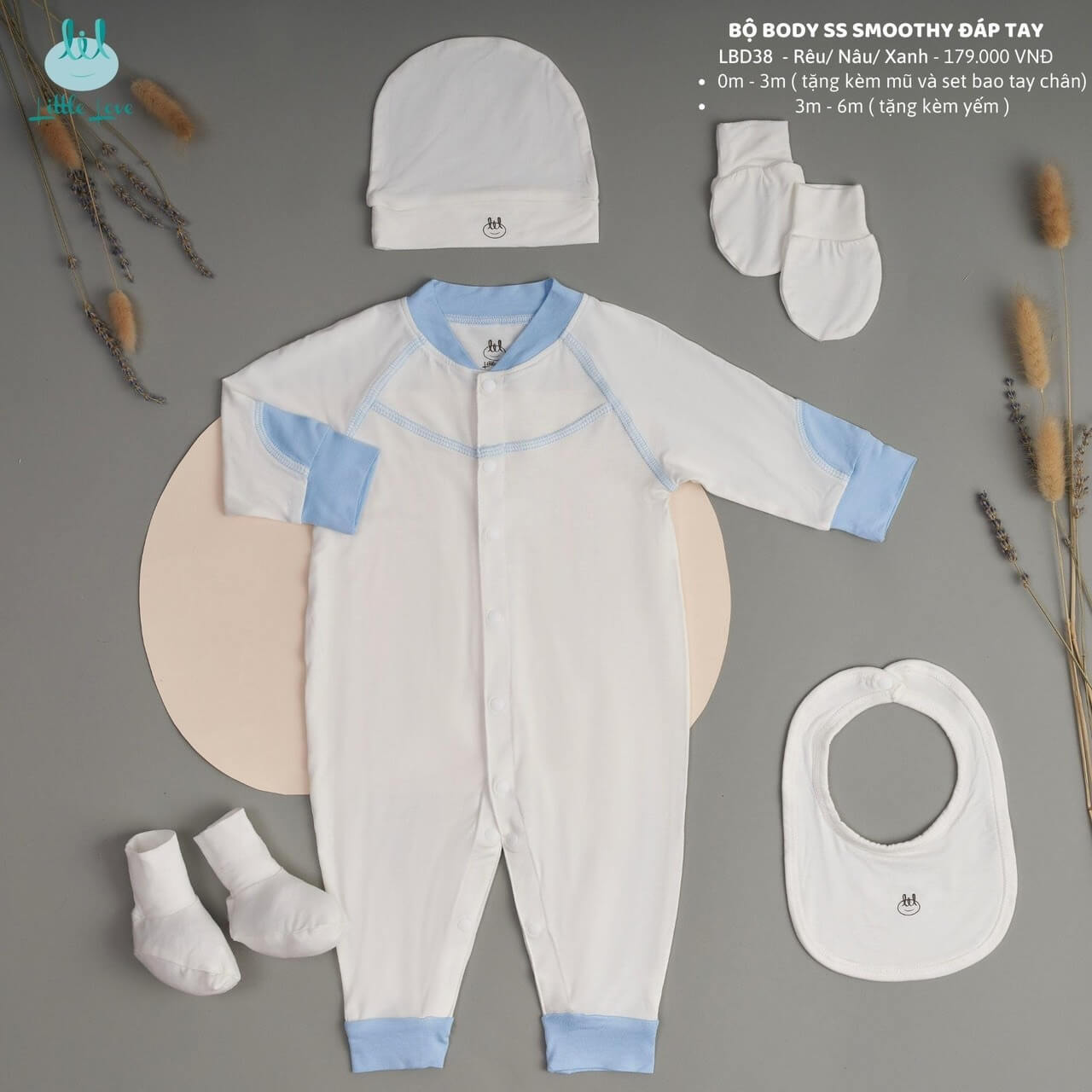Little Love-2023 BỘ BODY SS SMOOTHY ĐÁP TAY MÀU XANH (0-6M)