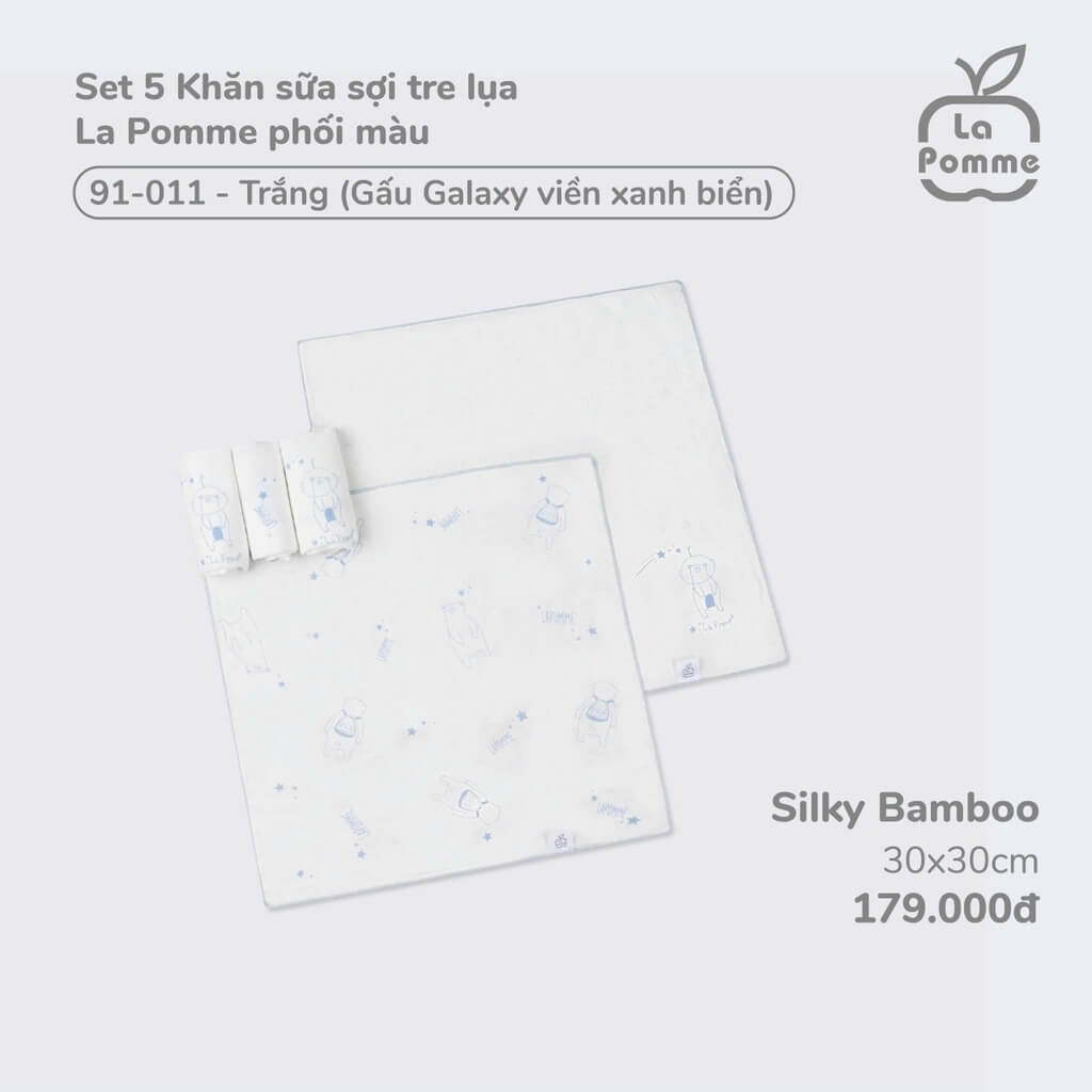Set 5 Khăn sữa sợi tre lụa La Pomme phối màu (30x30cm) (Gấu Galaxy viền xanh (Trắng)