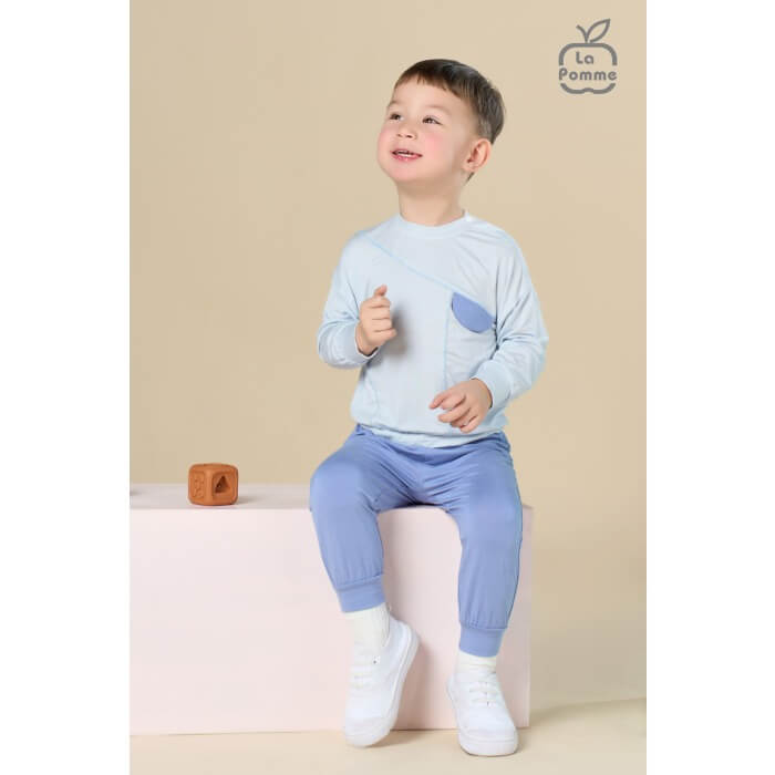 Bộ dài tay La Pomme chỉ màu kèm túi năng động - 6,9,12,18M Xanh