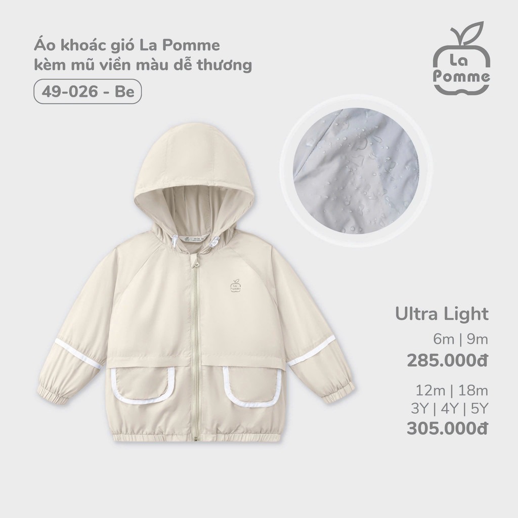 Áo khoác gió La Pomme kèm mũ viền màu dễ thương - 6M, 9M, 12M, 18M Be