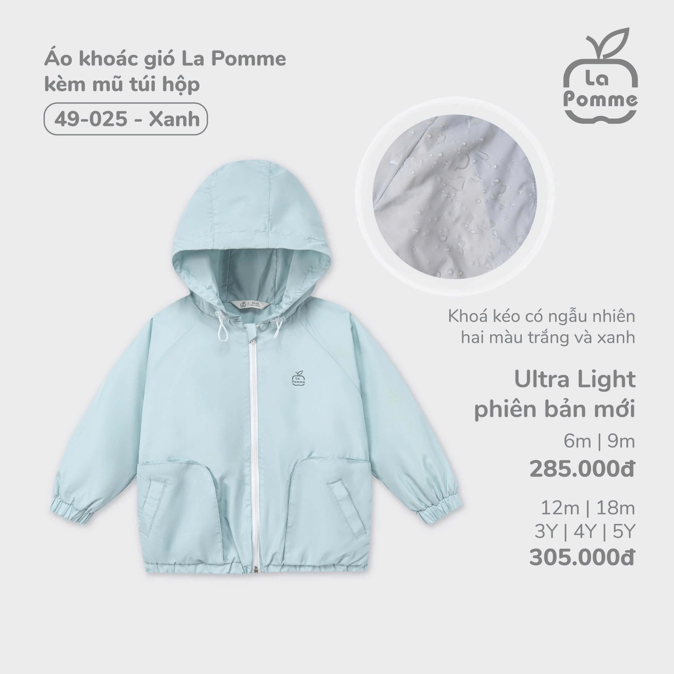 Áo khoác gió La Pomme kèm mũ túi hộp - 6M, 9M, 12M, 18M, 3Y Xanh