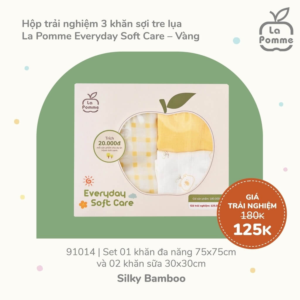 Hộp trải nghiệm 3 khăn sợi tre lụa La Pomme Everyday Soft Care - Vàng