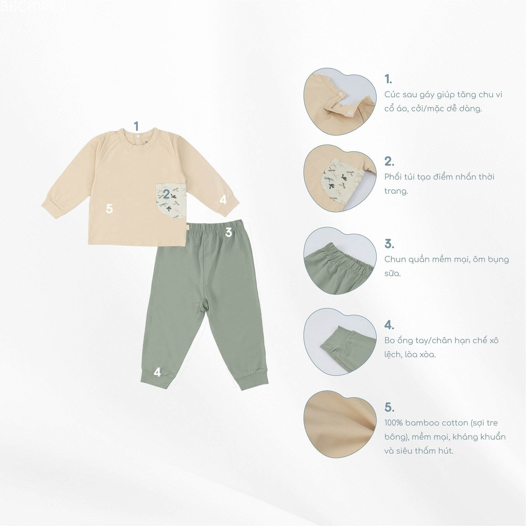 Bu Baby - BBC1110TN.03YE29 | Bộ dài tay raglan cài sau Túi ngực Dona