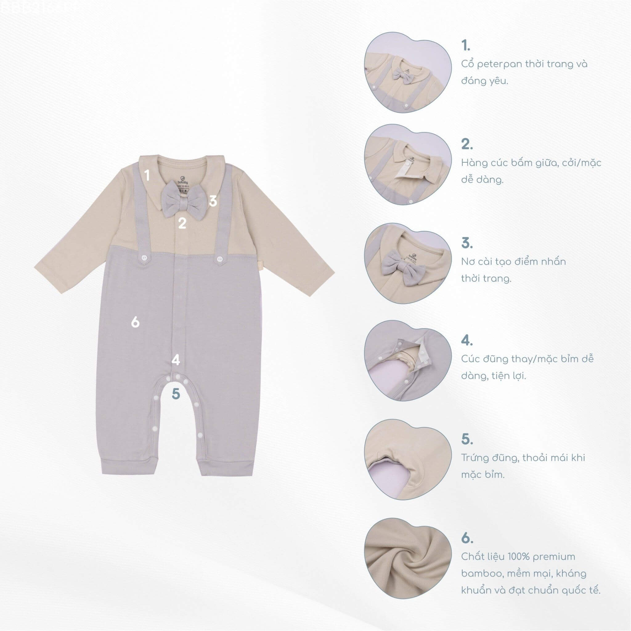 Bu Baby BBB2166PP.06MG71 | Body dài tay giả yếm cổ Peter Pan | (1-3M,3-6M) (Be - Ghi)