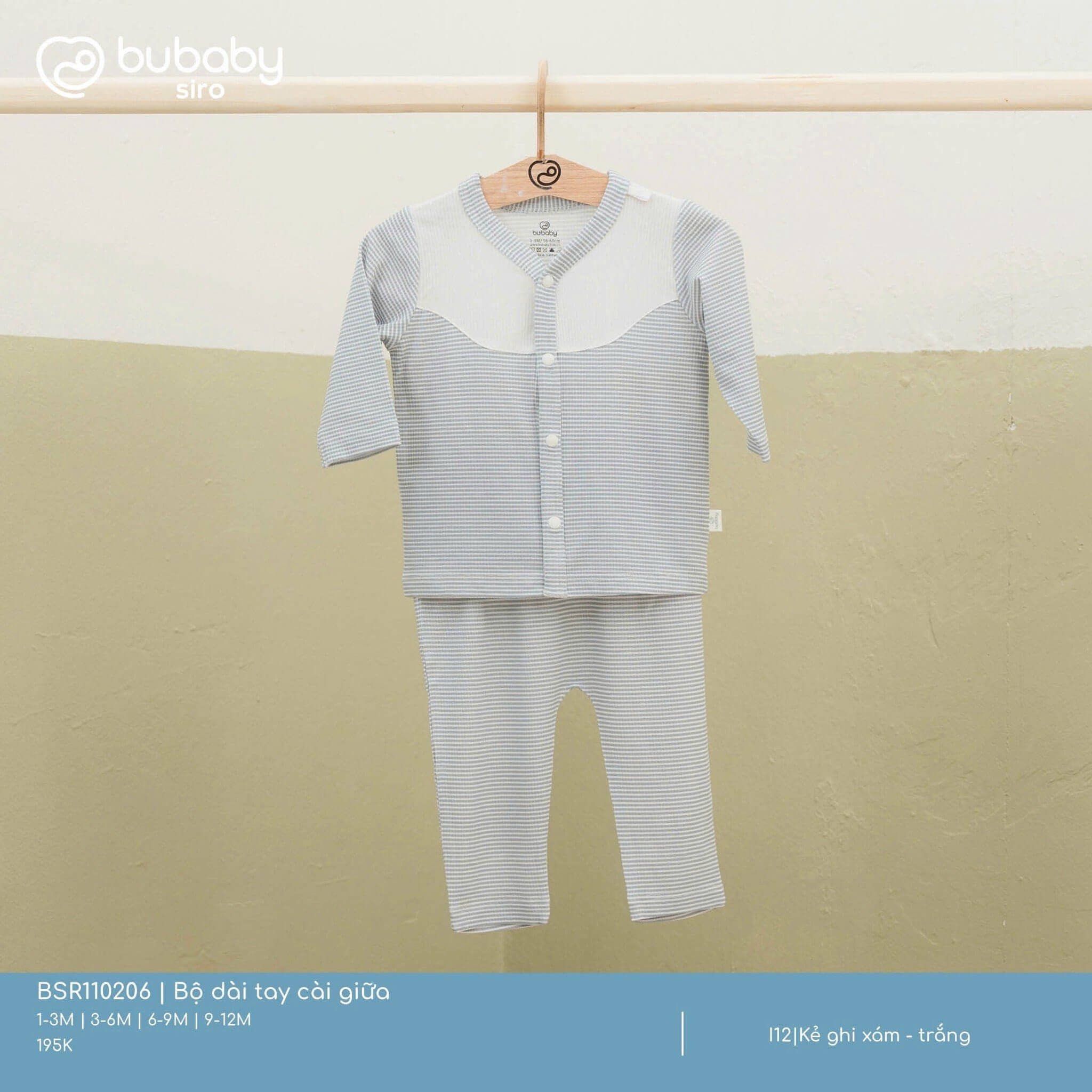 Bu Baby BSR110206.06MC99 | Bộ dài tay cài giữa | (1-3M, 3-6) (Hồng - kẻ hồng, Kẻ ghi xám - trắng)