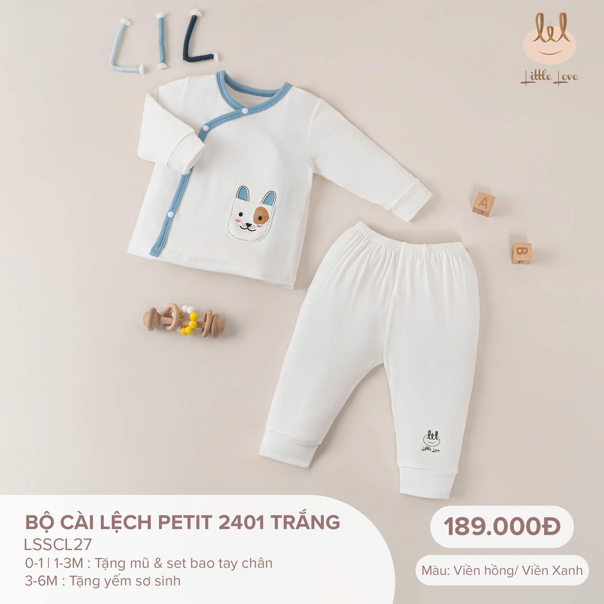 Little Love Bộ cài lệch petit 2401 trắng viền xanh (1-3M, 3-6M)