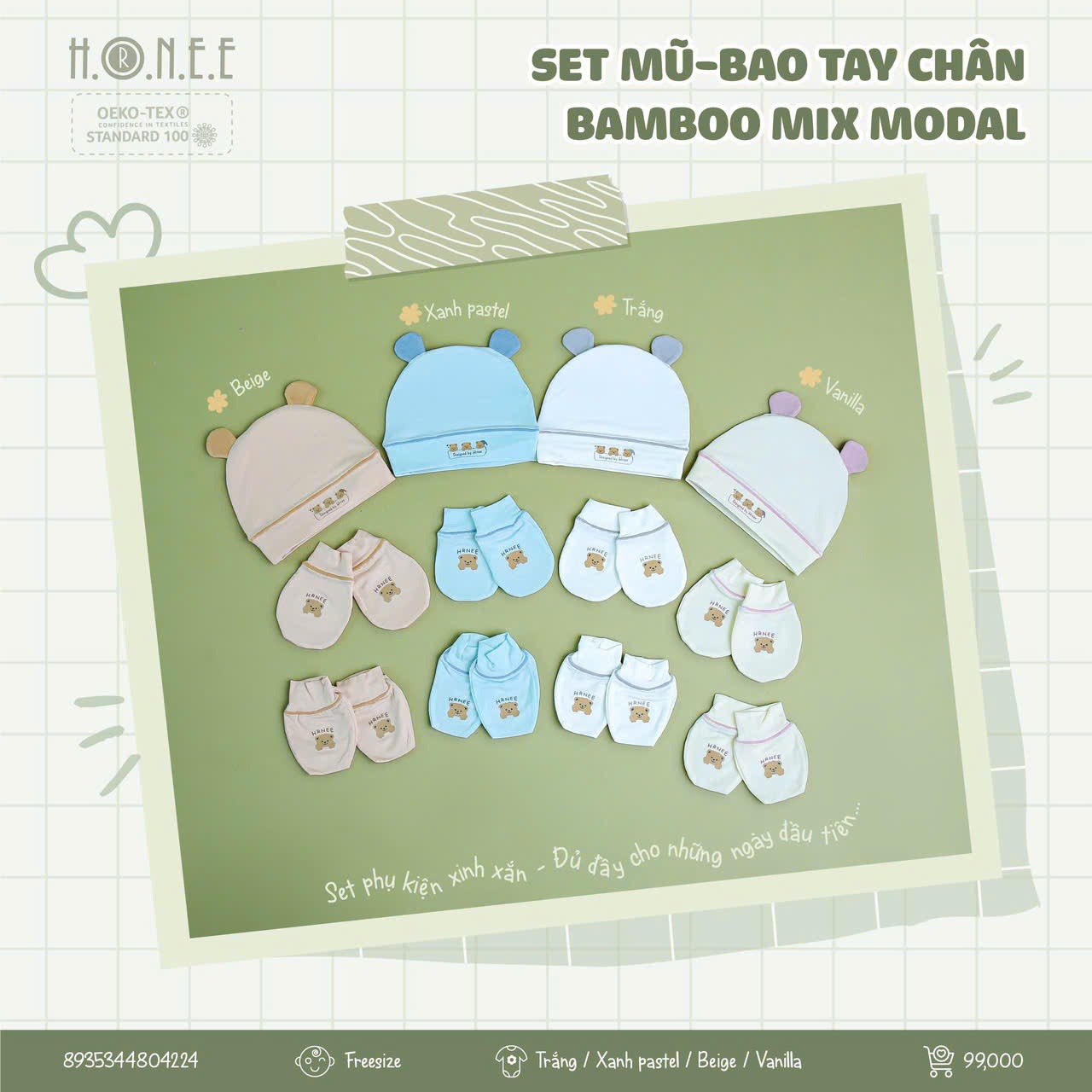 Hrnee Set PK mũ bao tay chân Bamboo Hồng pastel
