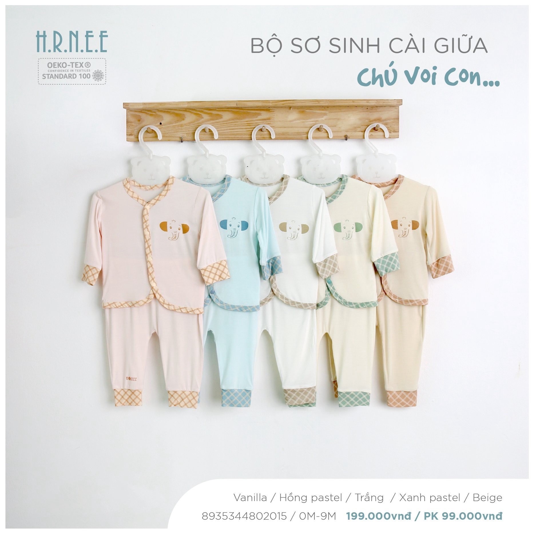 Hrnee Bộ Sơ Sinh Cài Giữa Chú Voi Con Trắng sứ 3,6M