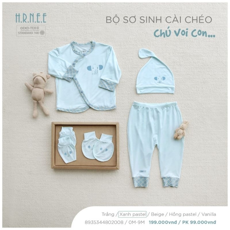 Hrnee Bộ Sơ Sinh Cài Chéo Chú Voi Xanh pastel 3,6M