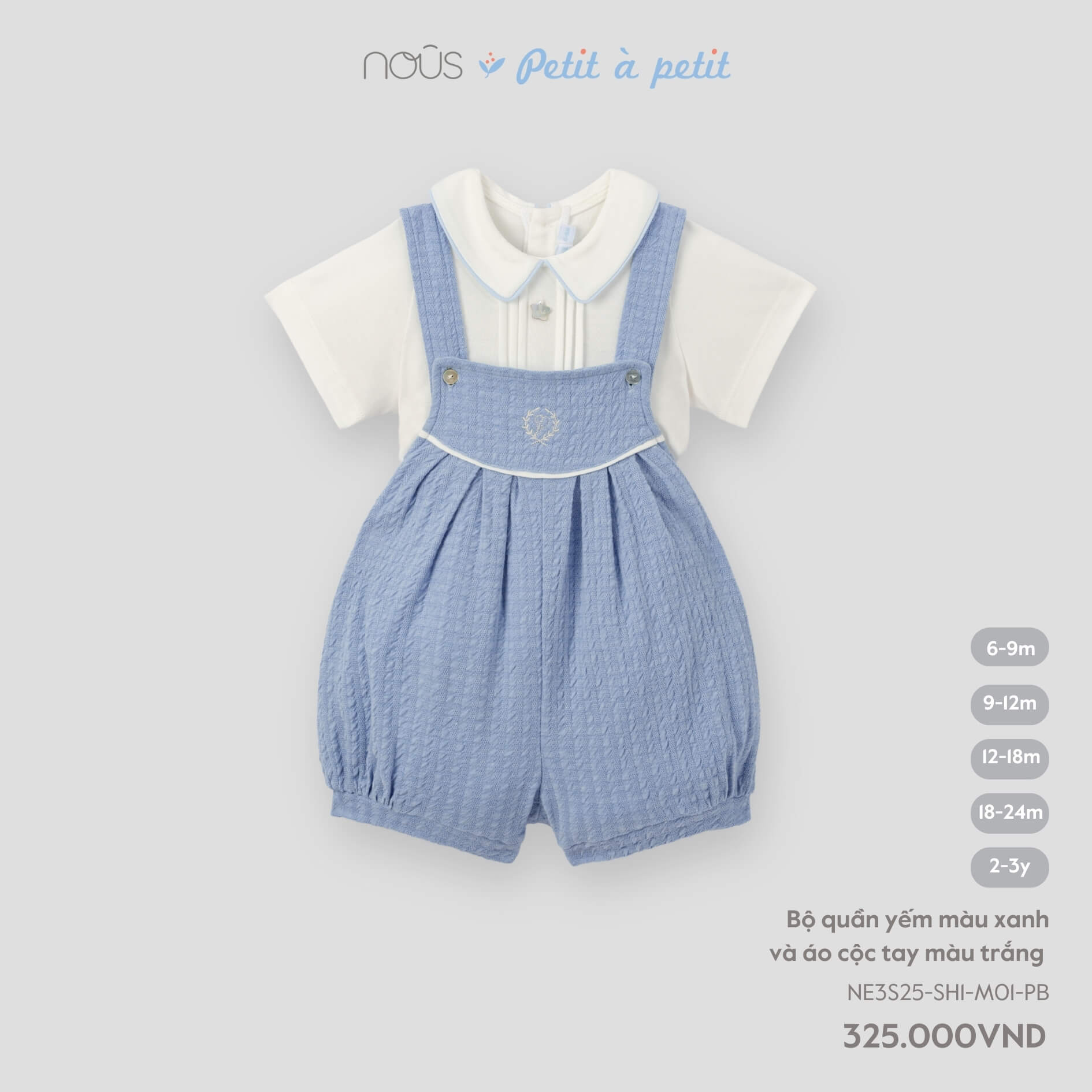 Nous Bộ quần yếm màu xanh và áo cộc tay màu trắng 6,9,12,18M,2Y
