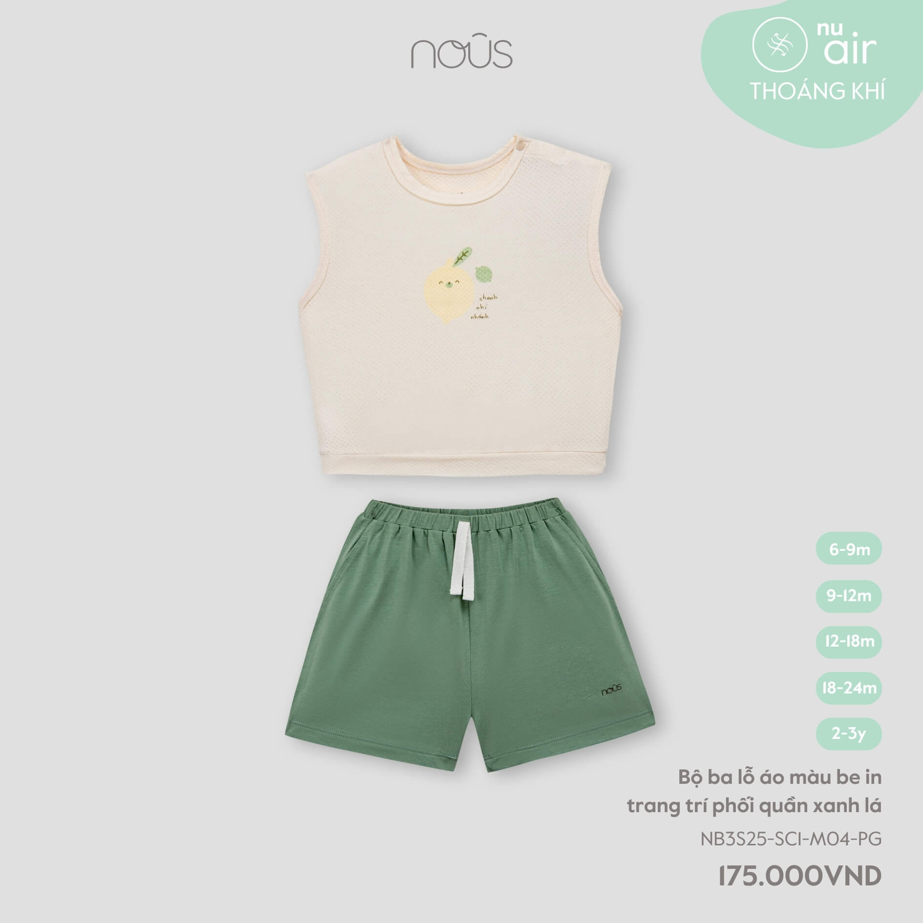 Nous Bộ ba lỗ áo màu be in trang trí phối quần xanh lá 6,9,12,18M,2Y