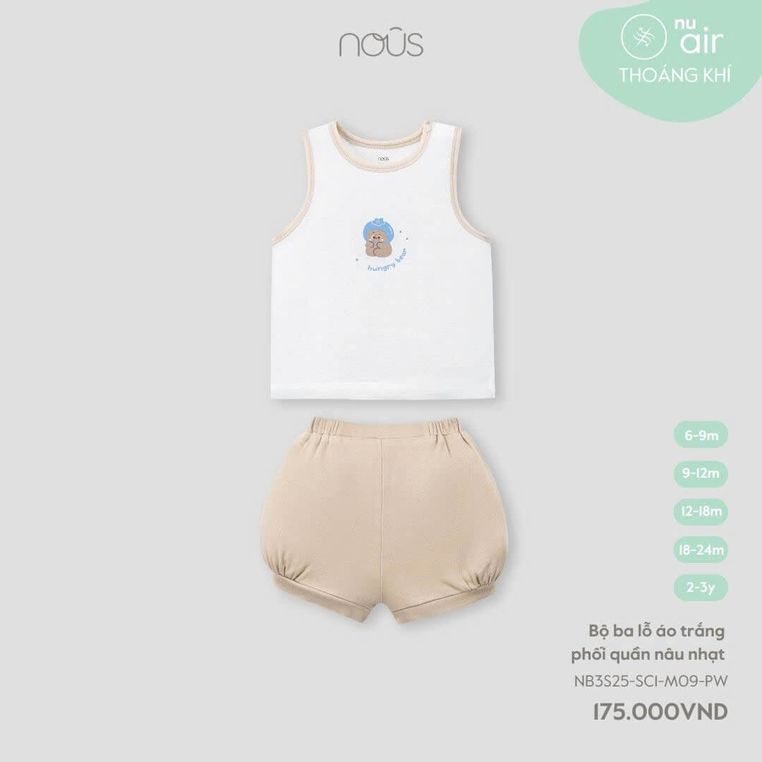 Nous Bộ ba lỗ áo trắng phối quần nâu nhạt 6,9,12,18M,2Y